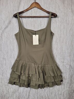 Stitch + Feather Romper Womens Large Olive Pleated Skirt Sleeveless One Piece